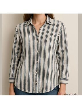 Sigrid Olsen linen blend button up long sleeve shirt roll tabs blue white small